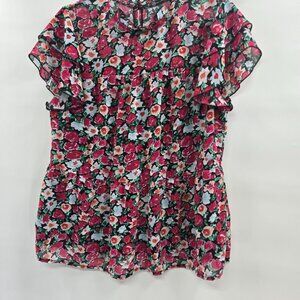 Pretty Garden Pink Floral High Neck Button Back Ruffled Short Sleeve Blouse L